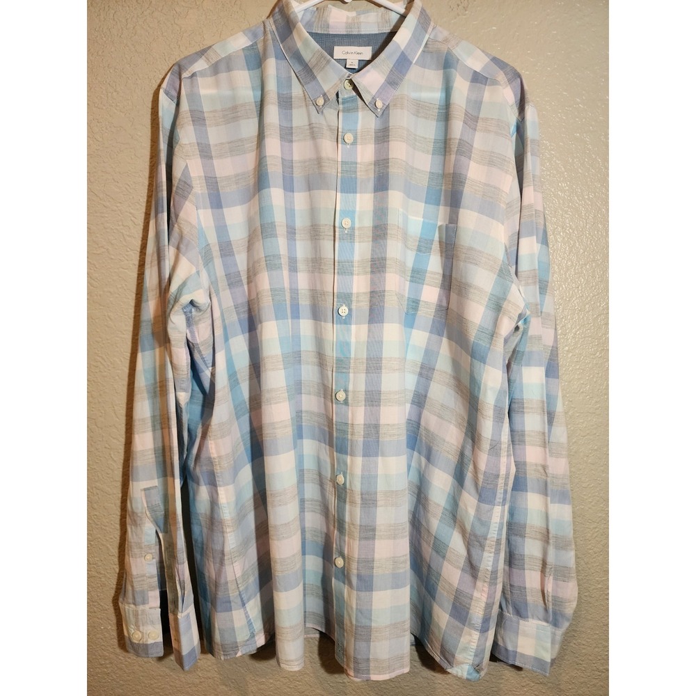 Calvin Klein Men's Dress Shirt Size XL Blue Plaid Long Sleeve Button Down